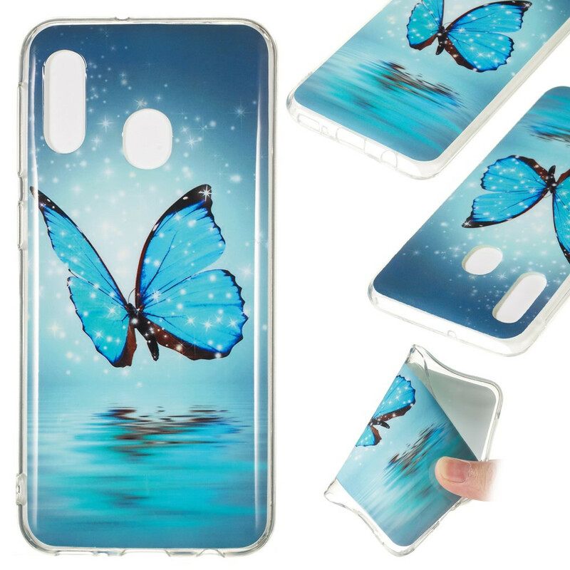 Case Samsung Galaxy A20e Fluoresoiva Sininen Perhonen