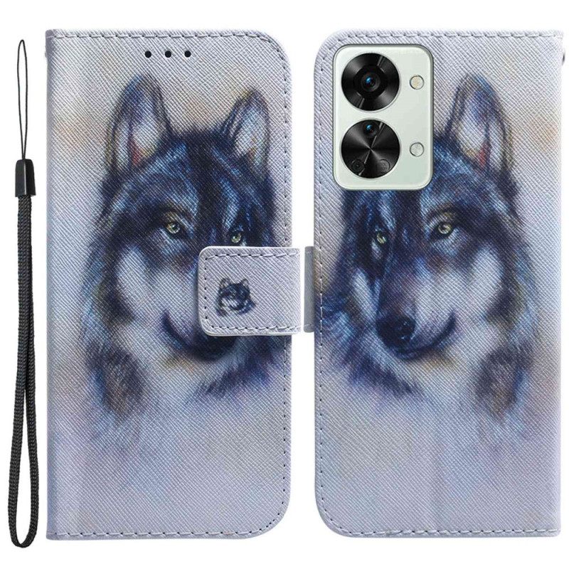 Flip Case OnePlus Nord 2T 5G Suojaketju Kuori Watercolour Wolf Hihnassa