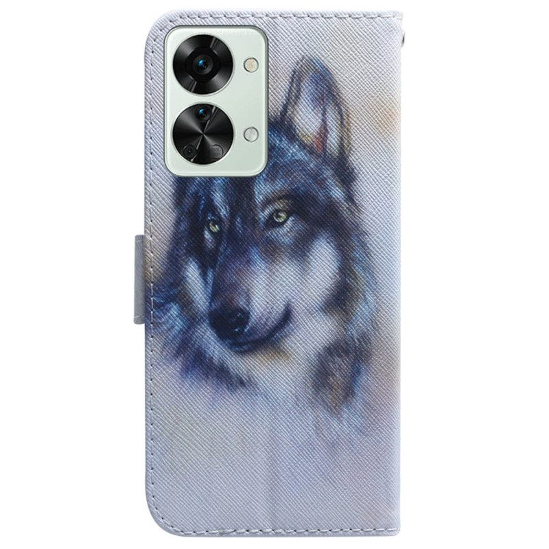 Flip Case OnePlus Nord 2T 5G Suojaketju Kuori Watercolour Wolf Hihnassa