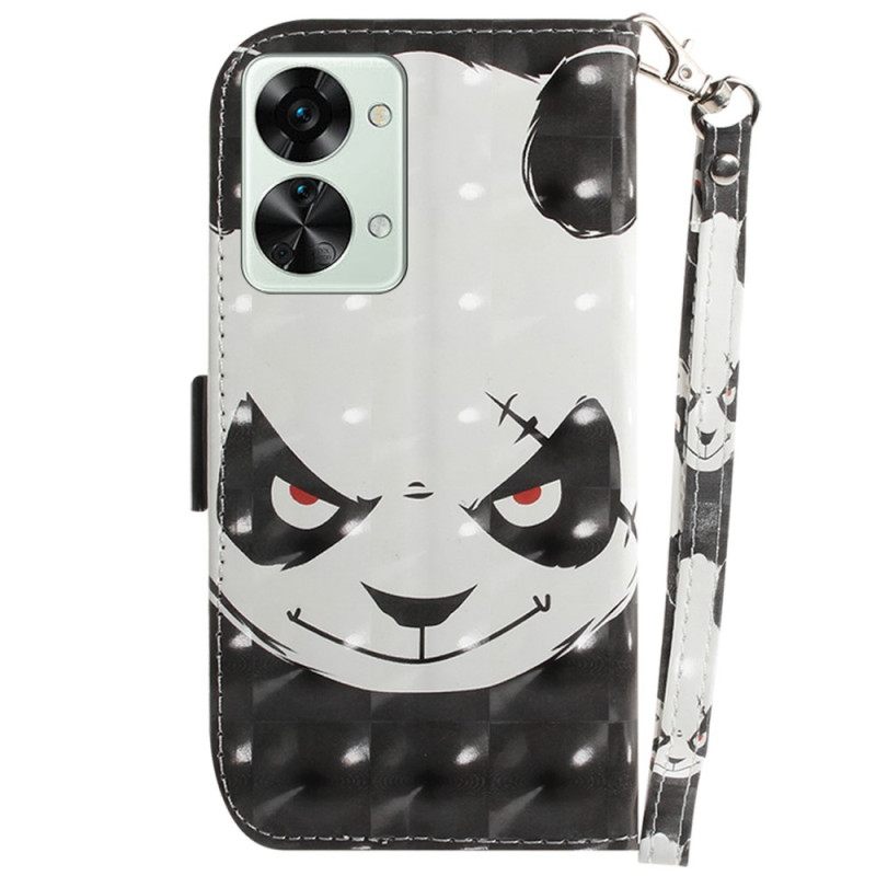 Nahkakotelo OnePlus Nord 2T 5G Suojaketju Kuori Angry Panda Lanyardissa