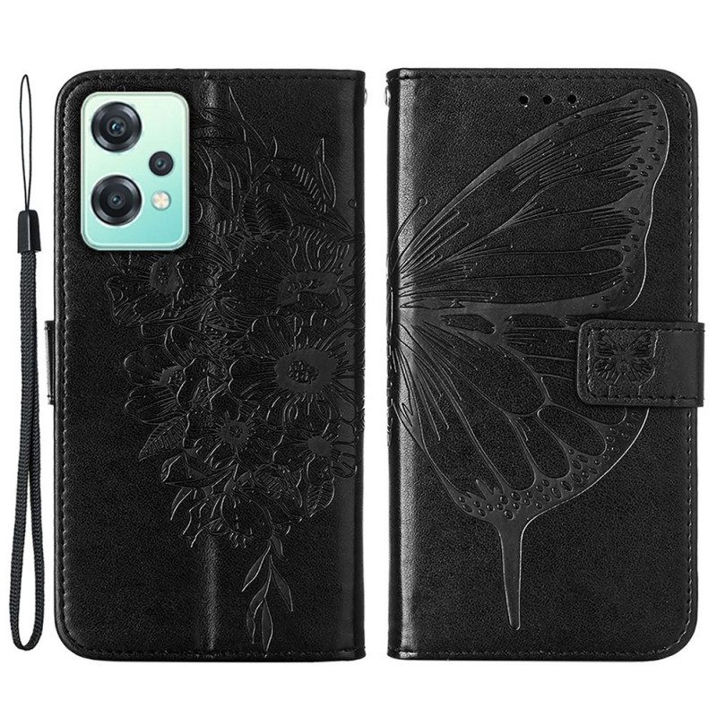 Nahkakotelo OnePlus Nord CE 2 Lite 5G Suojaketju Kuori Artistic Butterfly Kaulanauhalla