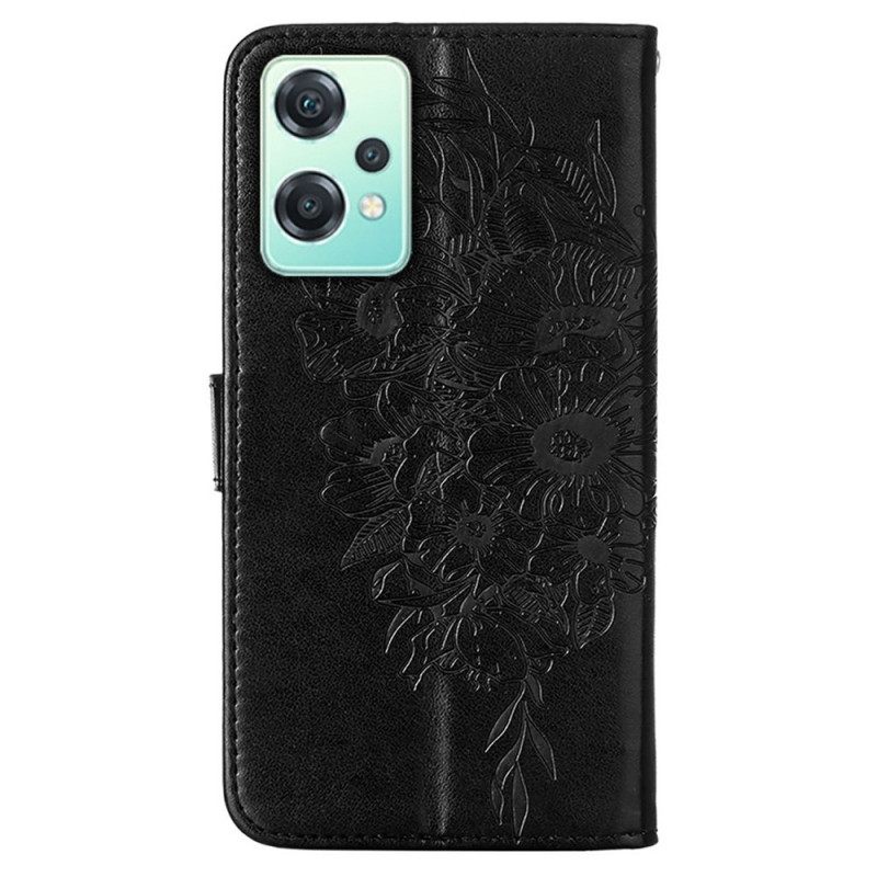 Nahkakotelo OnePlus Nord CE 2 Lite 5G Suojaketju Kuori Artistic Butterfly Kaulanauhalla