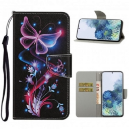 Kotelot Samsung Galaxy S21 Ultra 5G Butterflies Ja Lanyard