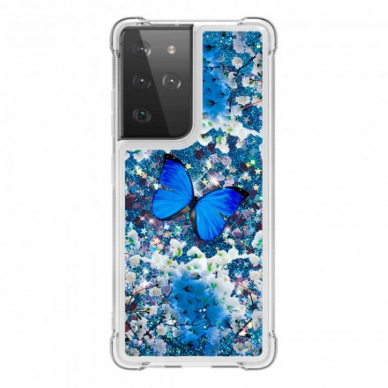 Kuori Samsung Galaxy S21 Ultra 5G Glitter Blue Butterflies