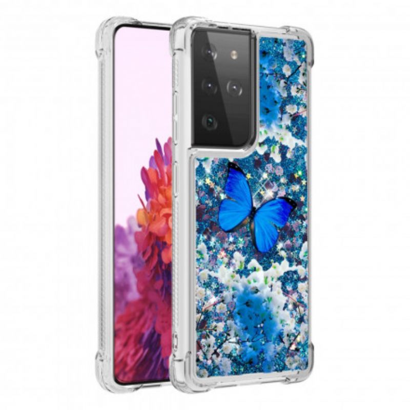 Kuori Samsung Galaxy S21 Ultra 5G Glitter Blue Butterflies