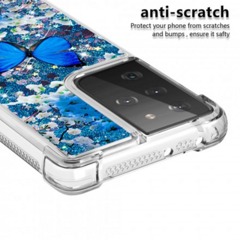 Kuori Samsung Galaxy S21 Ultra 5G Glitter Blue Butterflies