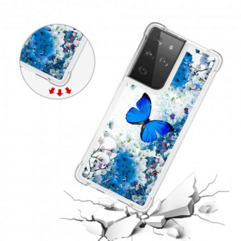 Kuori Samsung Galaxy S21 Ultra 5G Glitter Blue Butterflies