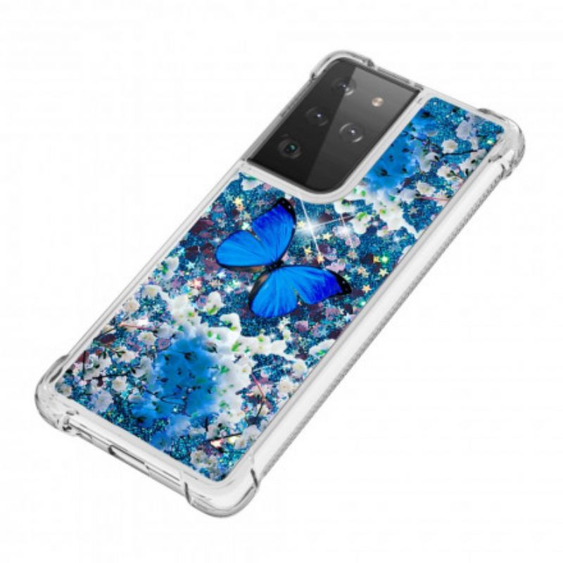 Kuori Samsung Galaxy S21 Ultra 5G Glitter Blue Butterflies