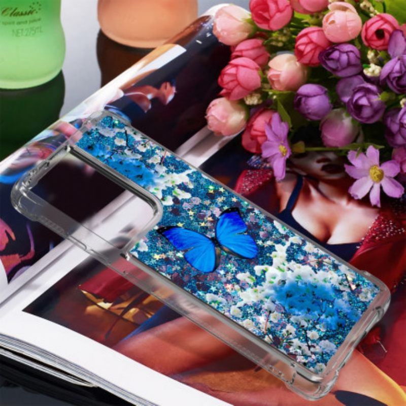 Kuori Samsung Galaxy S21 Ultra 5G Glitter Blue Butterflies