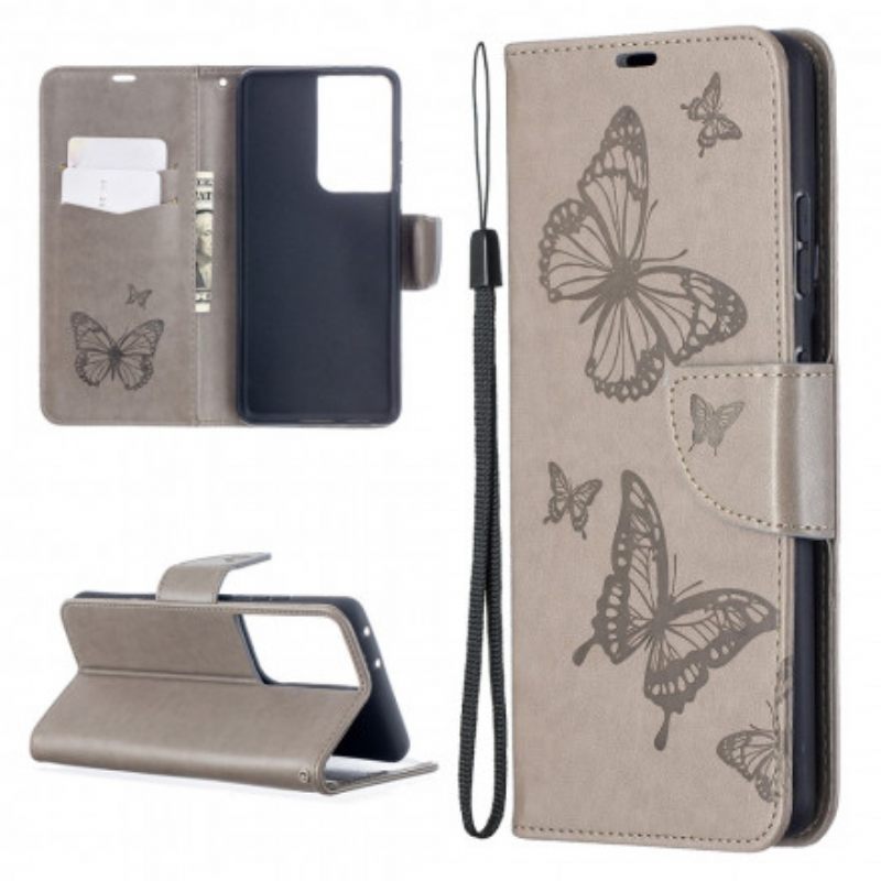 Nahkakotelo Samsung Galaxy S21 Ultra 5G Butterflies In Flight With Lanyard