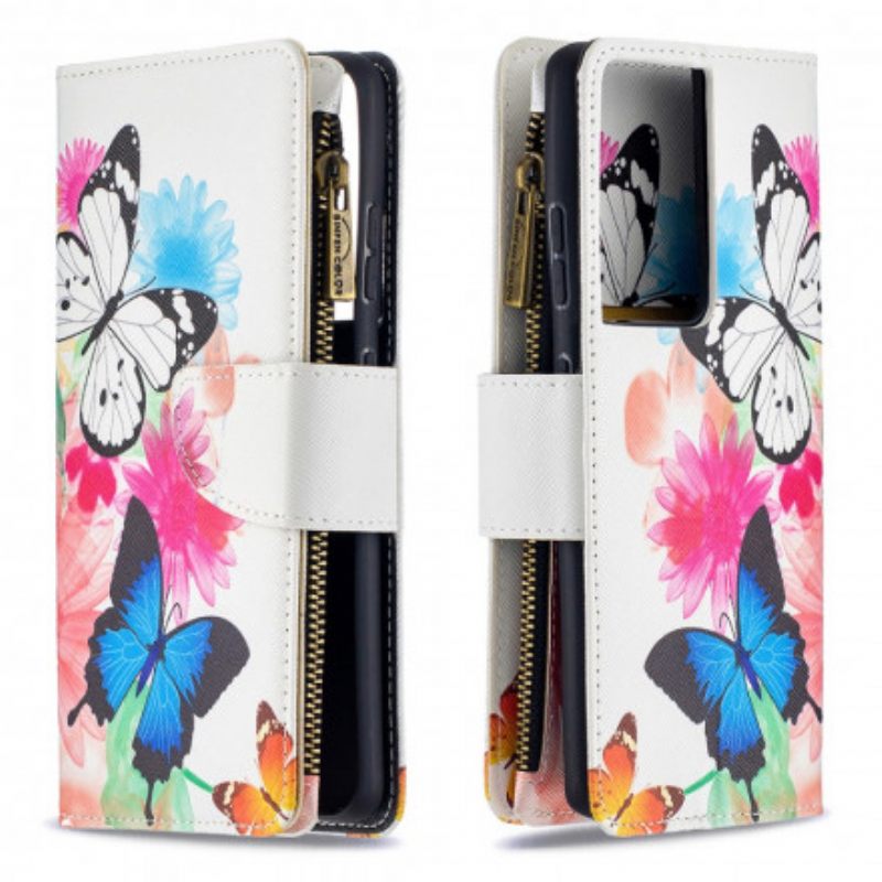 Nahkakotelo Samsung Galaxy S21 Ultra 5G Butterflies Vetoketjullinen Tasku