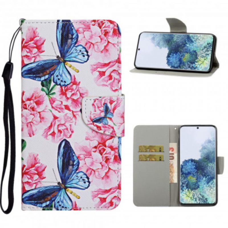 Nahkakotelo Samsung Galaxy S21 Ultra 5G Floral Butterflies Lanyard