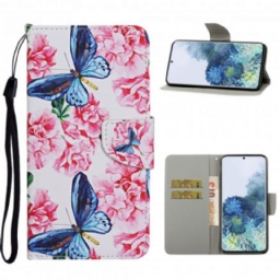 Nahkakotelo Samsung Galaxy S21 Ultra 5G Floral Butterflies Lanyard