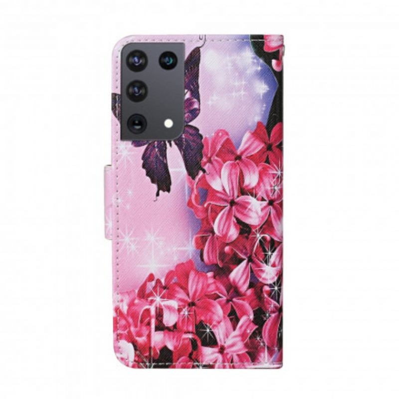 Nahkakotelo Samsung Galaxy S21 Ultra 5G Floral Butterflies Lanyard