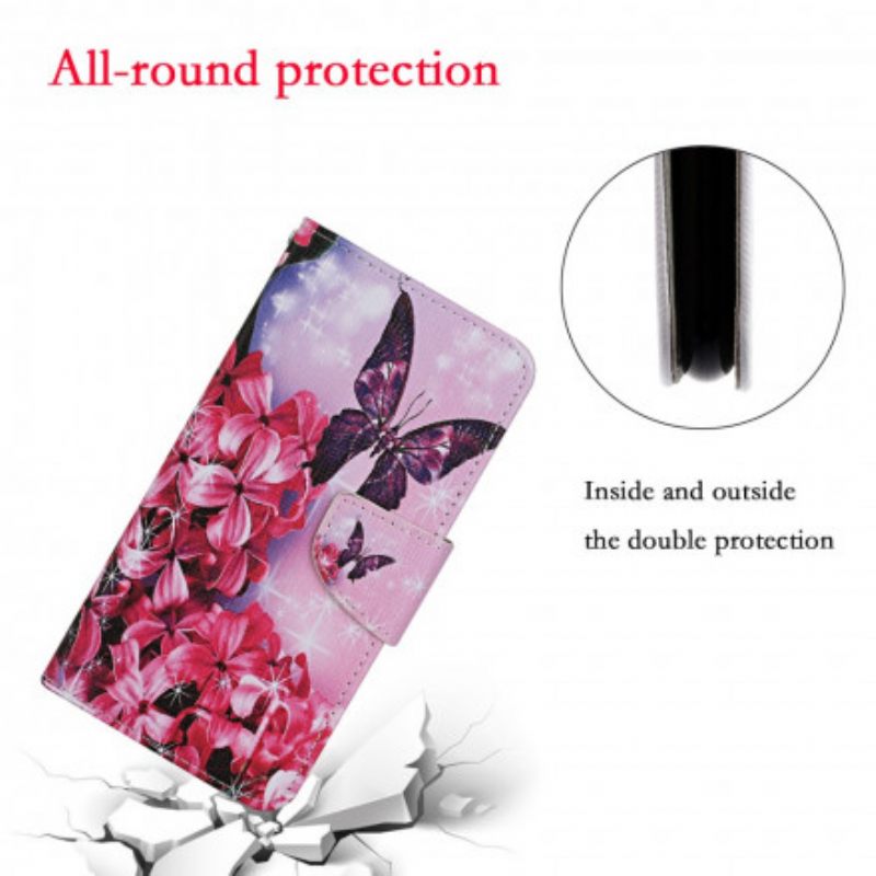 Nahkakotelo Samsung Galaxy S21 Ultra 5G Floral Butterflies Lanyard