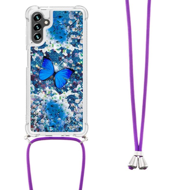 Case Samsung Galaxy A13 5G Kiristysnyörillä Butterfly Sequin Kiristysnyöri