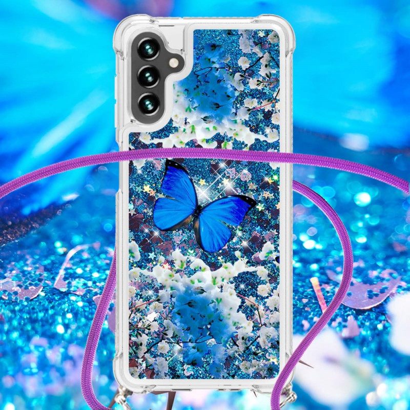 Case Samsung Galaxy A13 5G Kiristysnyörillä Butterfly Sequin Kiristysnyöri