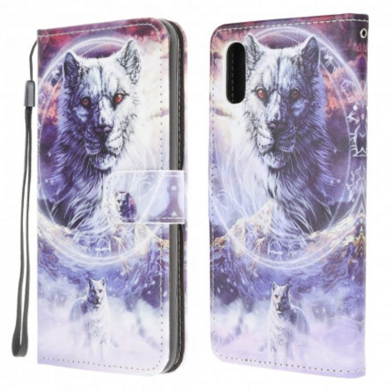 Flip Case Samsung Galaxy XCover 5 Wolf Talvella Kaulanauhan Kanssa