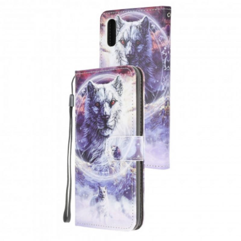 Flip Case Samsung Galaxy XCover 5 Wolf Talvella Kaulanauhan Kanssa