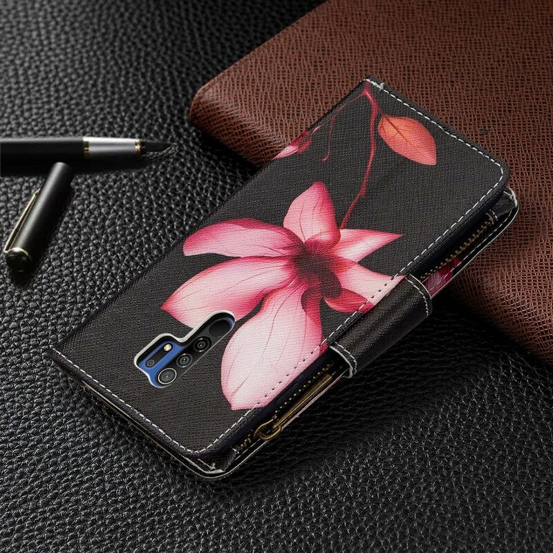 Nahkakotelo Xiaomi Redmi 9 Flower Vetoketjullinen Tasku