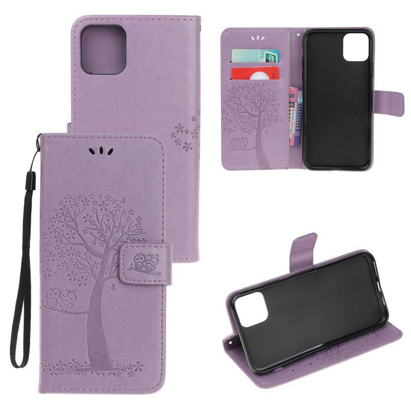 Flip Case iPhone 12 Mini Suojaketju Kuori Tree Ja Pöllöt Hihnalla