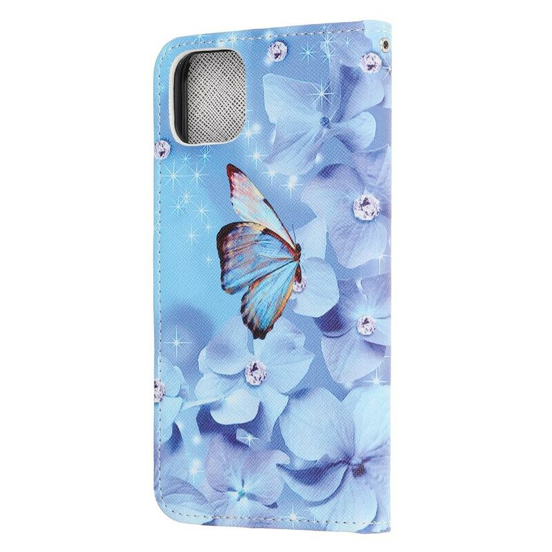 Nahkakotelo iPhone 12 Mini Suojaketju Kuori Diamond Butterflies Hihnalla