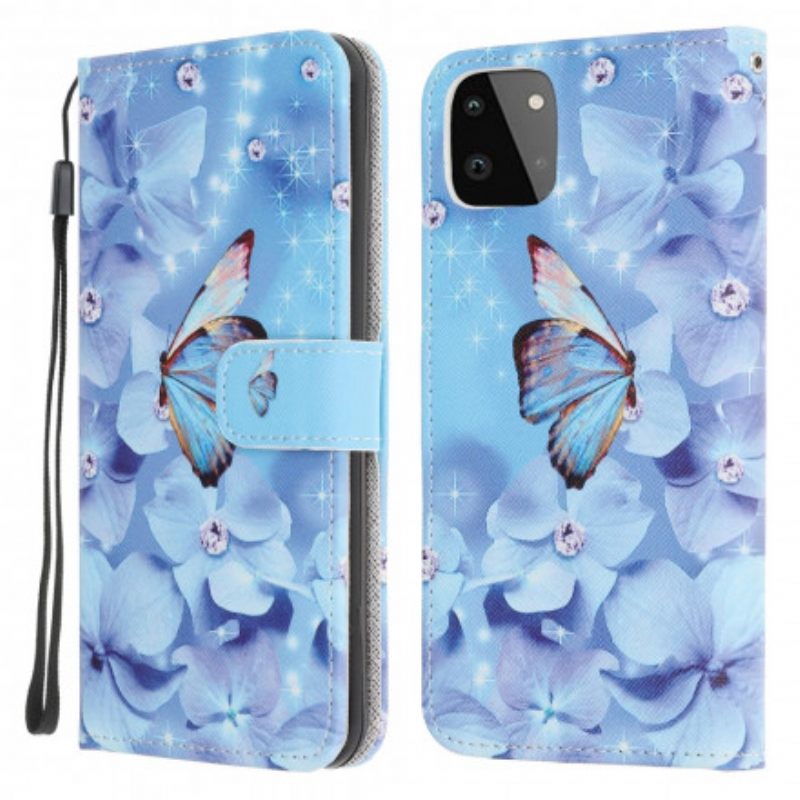 Flip Case Samsung Galaxy A22 5G Suojaketju Kuori Diamond Butterflies Hihnalla