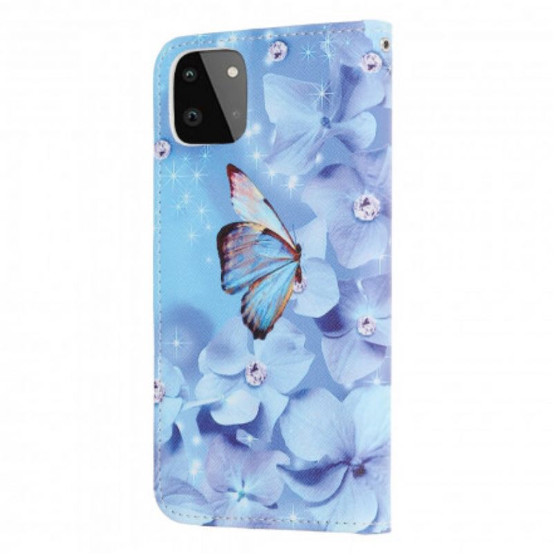 Flip Case Samsung Galaxy A22 5G Suojaketju Kuori Diamond Butterflies Hihnalla