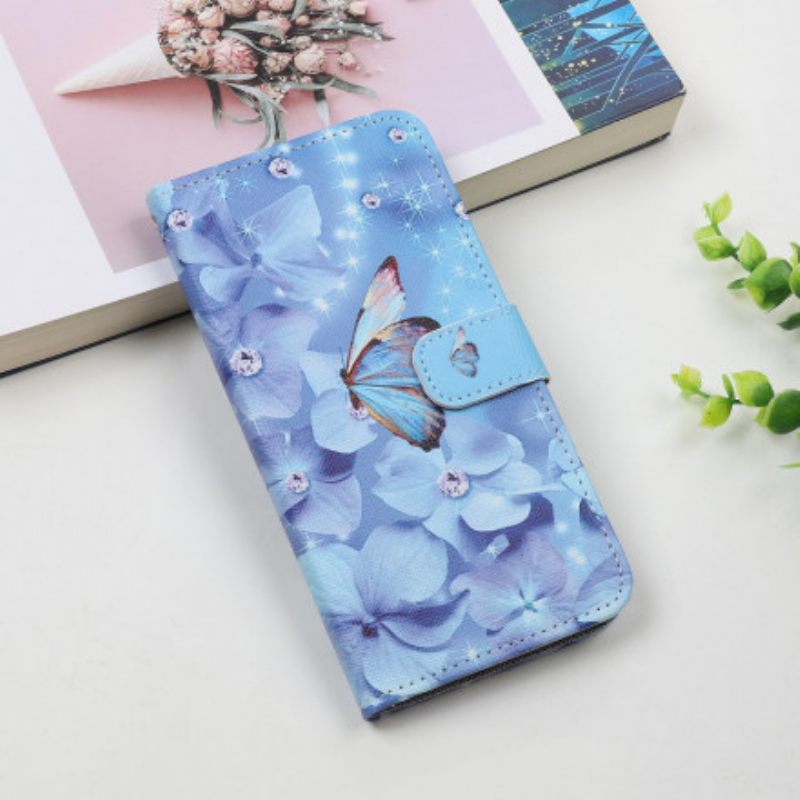 Flip Case Samsung Galaxy A22 5G Suojaketju Kuori Diamond Butterflies Hihnalla