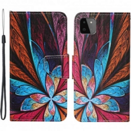 Flip Case Samsung Galaxy A22 5G Värilliset Lehdet Kaulanauhalla