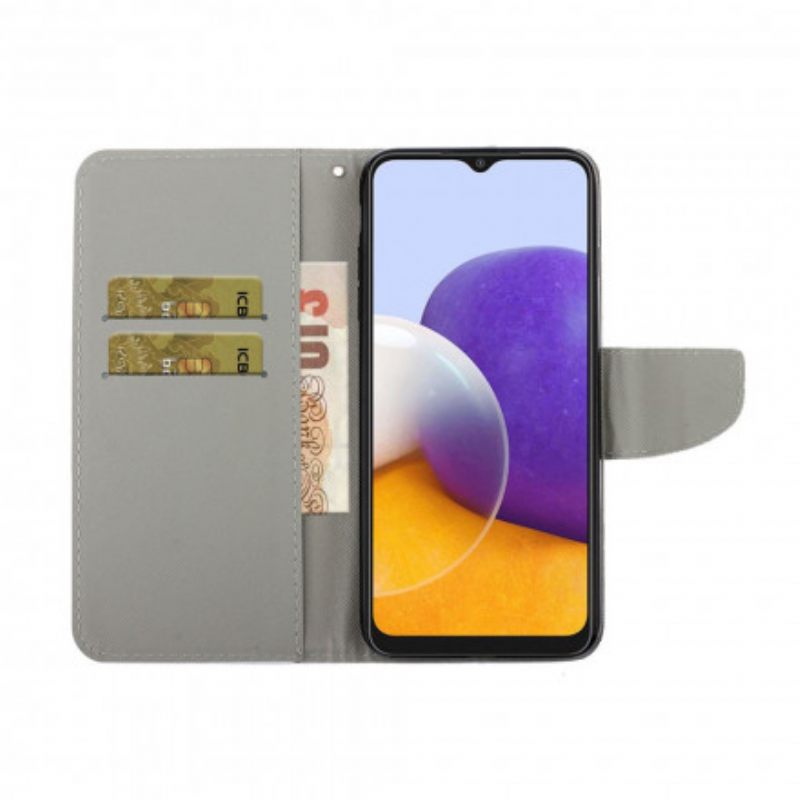 Flip Case Samsung Galaxy A22 5G Värilliset Lehdet Kaulanauhalla