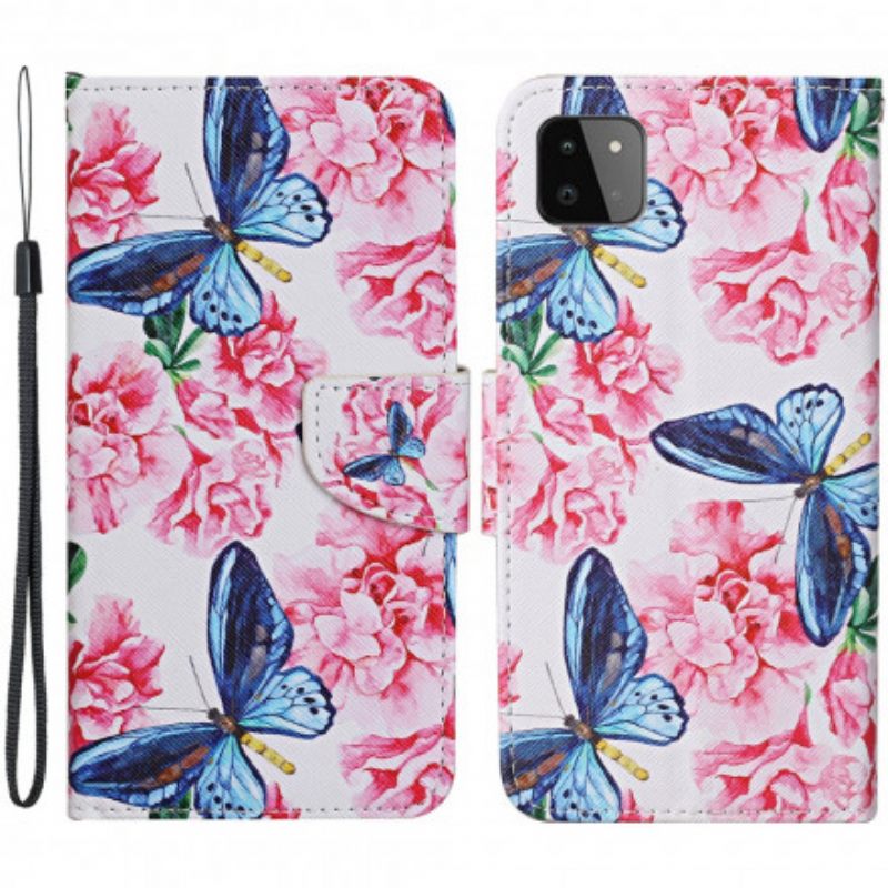 Kotelot Samsung Galaxy A22 5G Floral Butterflies Lanyard