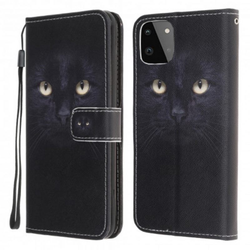 Kotelot Samsung Galaxy A22 5G Suojaketju Kuori Black Cat Eyes Hihnalla