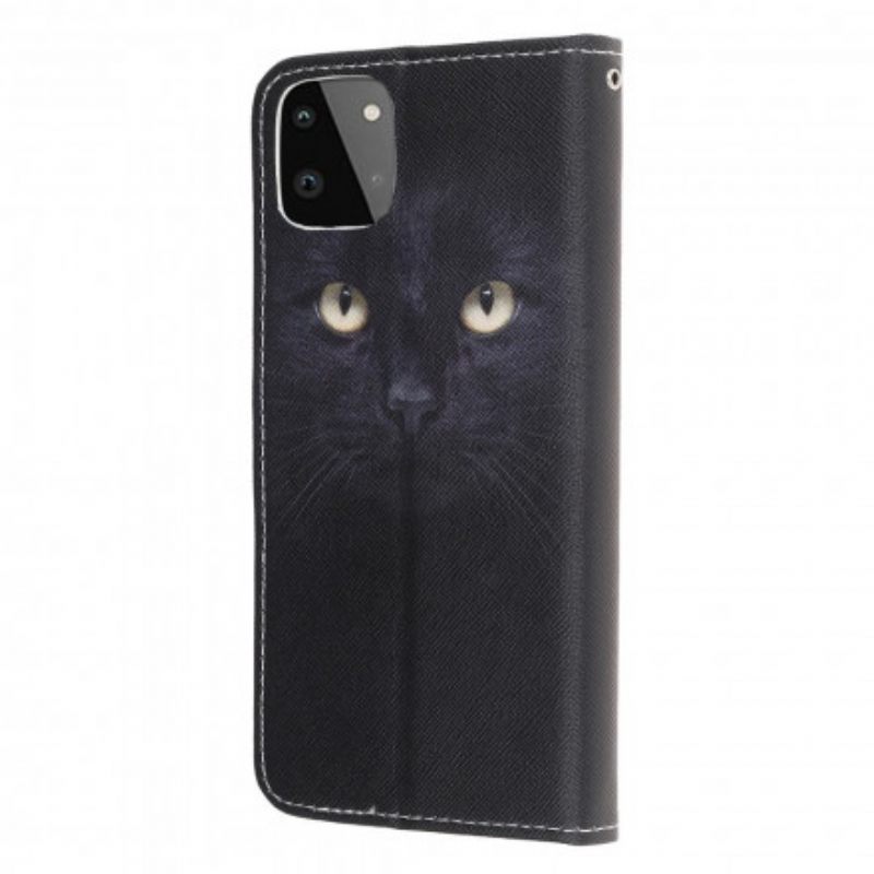 Kotelot Samsung Galaxy A22 5G Suojaketju Kuori Black Cat Eyes Hihnalla