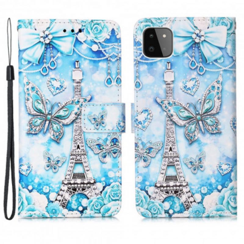 Kotelot Samsung Galaxy A22 5G Suojaketju Kuori Eiffel-tornin Perhoset Kaulanauhalla