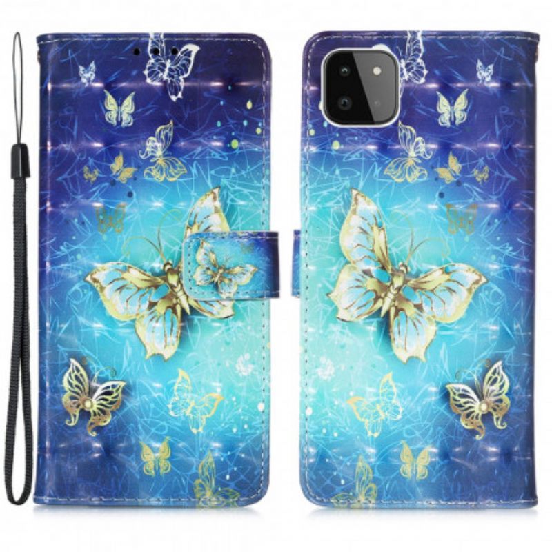 Kotelot Samsung Galaxy A22 5G Suojaketju Kuori Golden Butterflies Ja Kaulanauha