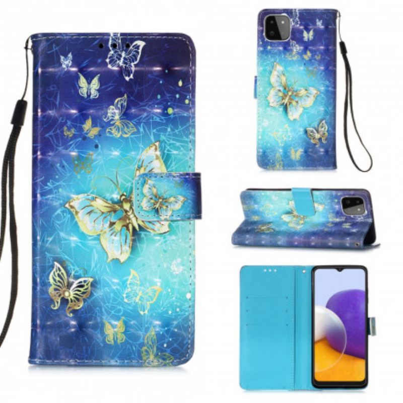 Kotelot Samsung Galaxy A22 5G Suojaketju Kuori Golden Butterflies Ja Kaulanauha