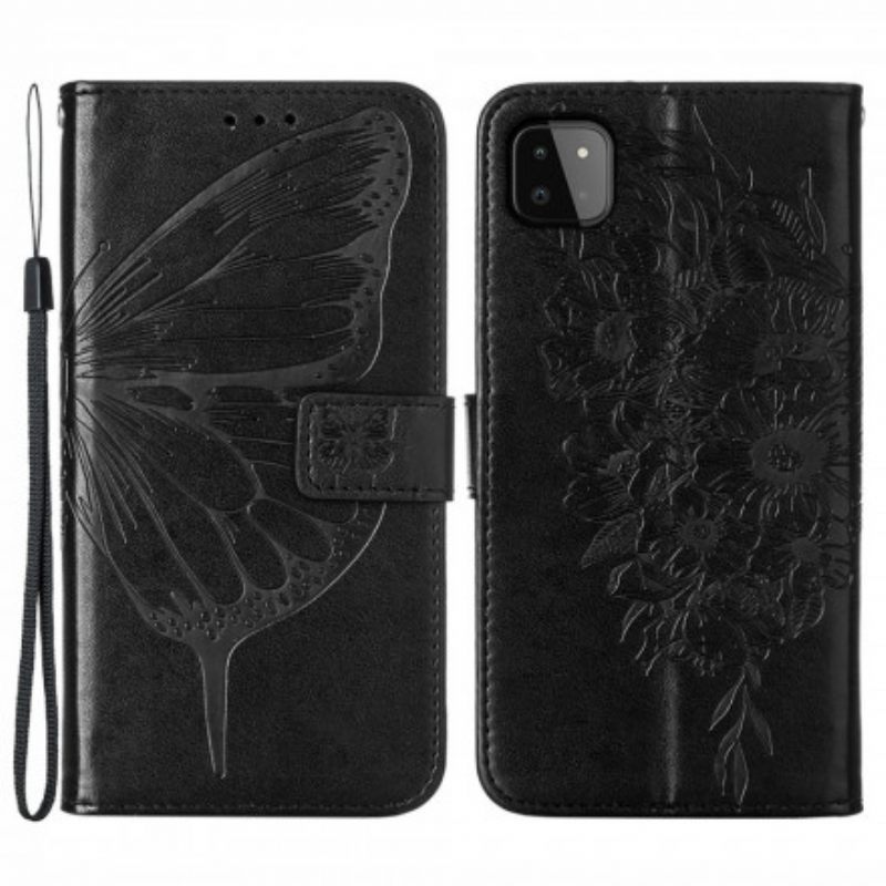 Nahkakotelo Samsung Galaxy A22 5G Butterfly Design Kaulanauhalla