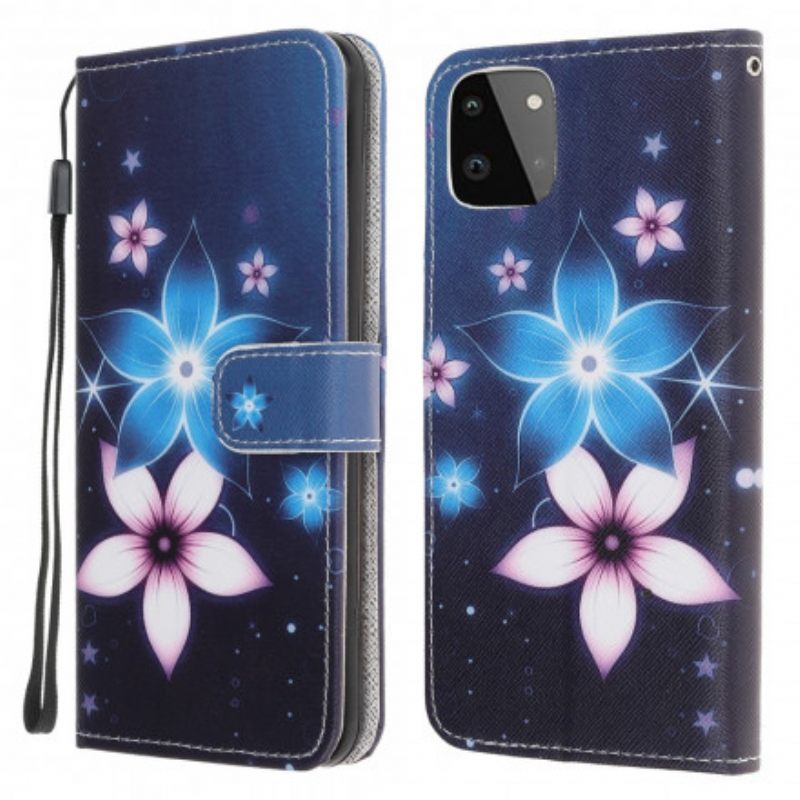 Nahkakotelo Samsung Galaxy A22 5G Suojaketju Kuori Lunar Strap Flowers