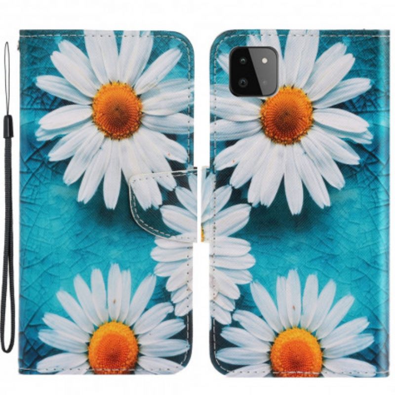 Nahkakotelo Samsung Galaxy A22 5G Suojaketju Kuori Thong Daisies