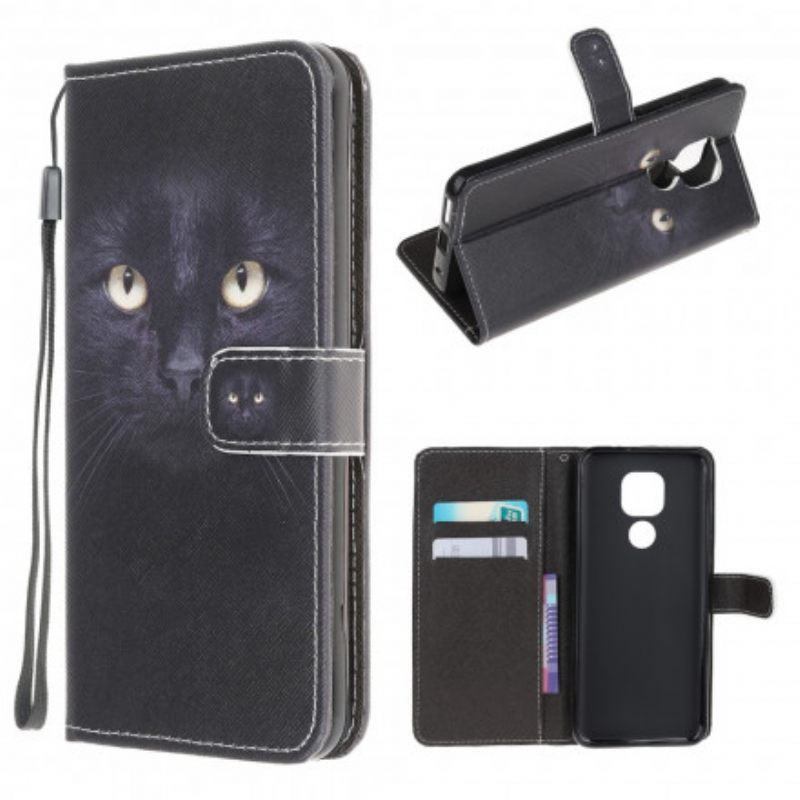 Kotelot Moto G9 Play Suojaketju Kuori Black Cat Eyes Hihnalla