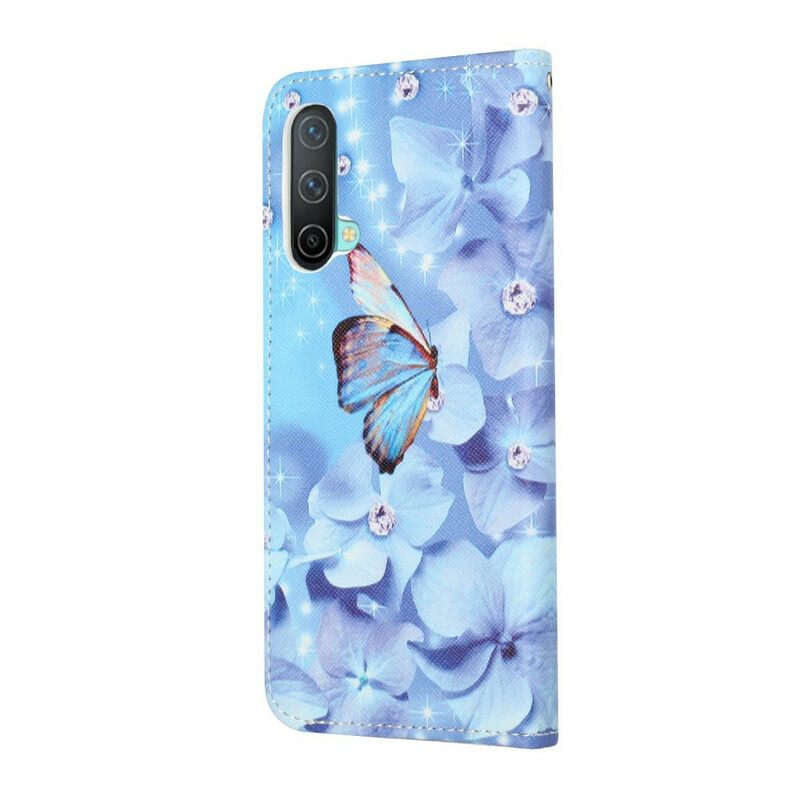 Nahkakotelo OnePlus Nord CE 5G Suojaketju Kuori Diamond Butterflies Hihnalla