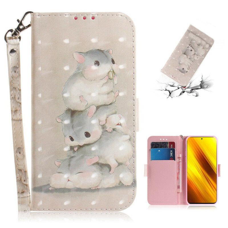 Flip Case Poco X3 / X3 Pro / X3 NFC Suojaketju Kuori Hamsterit Lanyardissa