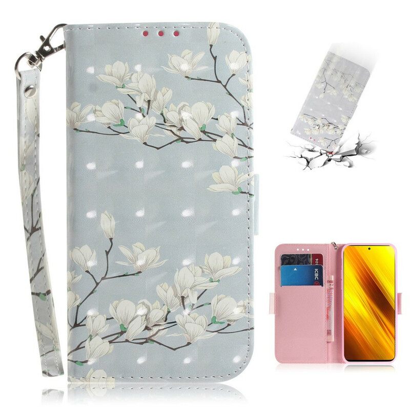 Flip Case Poco X3 / X3 Pro / X3 NFC Suojaketju Kuori Strap Flower Branch