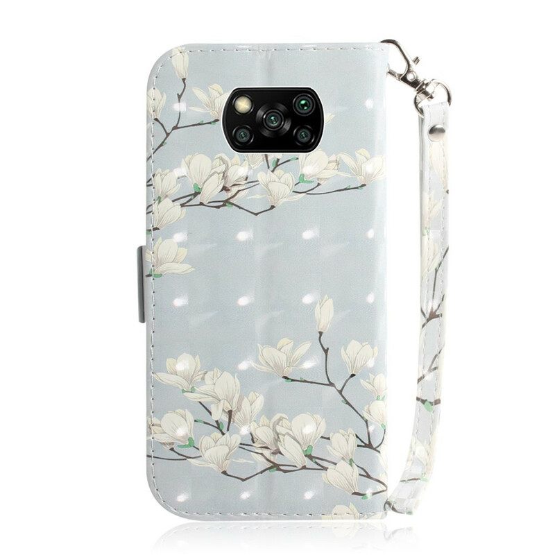 Flip Case Poco X3 / X3 Pro / X3 NFC Suojaketju Kuori Strap Flower Branch