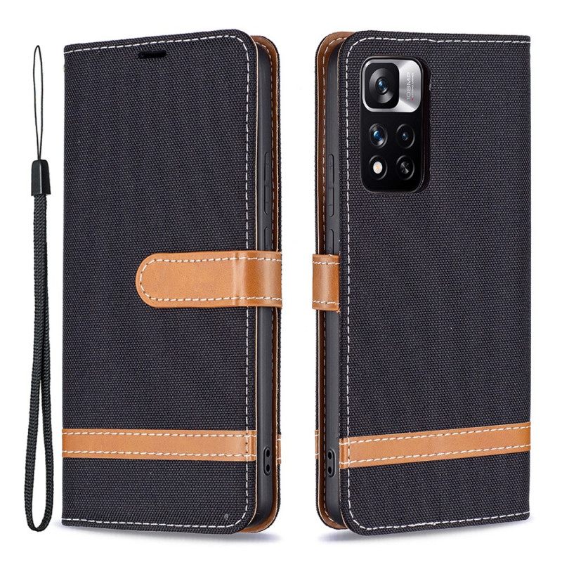 Flip Case Xiaomi Redmi Note 11 Pro Plus 5G Suojaketju Kuori Kangas- Ja Nahkaefektihihna