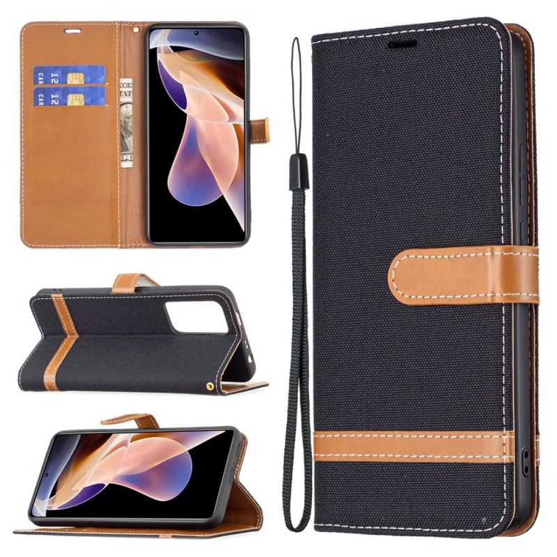 Flip Case Xiaomi Redmi Note 11 Pro Plus 5G Suojaketju Kuori Kangas- Ja Nahkaefektihihna