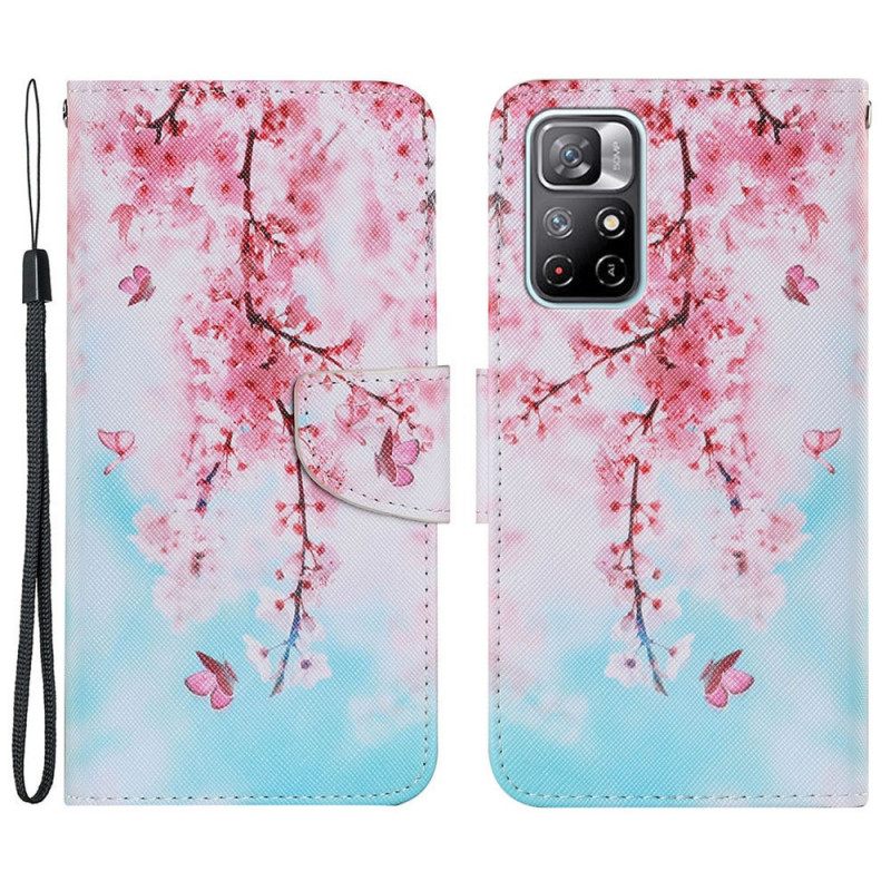 Flip Case Xiaomi Redmi Note 11 Pro Plus 5G Suojaketju Kuori Red Branches Hihnalla