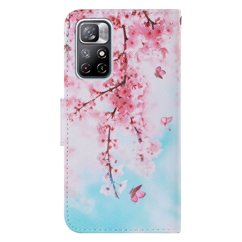 Flip Case Xiaomi Redmi Note 11 Pro Plus 5G Suojaketju Kuori Red Branches Hihnalla