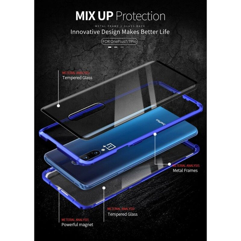 Flip Case OnePlus 7 Pro Karkaistu Lasi Ja Metallireunat